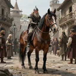 horse in medieval street, medieval fantasy, d & d, legend of the cryptids, highly detailed, digital painting, artstation, concept art, sharp focus, illustration, frazetta, aleksi briclot, rutkowski