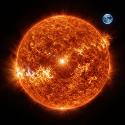 photograph of a solar flare, earth visible in background, astrophotography, NASA, 4K, Detailed, HDR