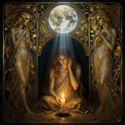 loneliness, masterpiece close to a candle in dark room,  cinematic, powerful, moon beams dramatic light, highly, intricate gold elements, hollow souls, detailed, digital painting, artstation, concept art, sharp focus, illustration, art by artgerm and greg rutkowski and alphonse mucha