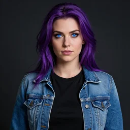 an insanely detailed realistic depiction of beautiful abigail from stardew valley wearing black shirt under blue denim jacket, purple hair, detailed blue eyes, in the style of peter mohrbacher, artgerm, dramatic lighting and composition, octane render, trending on artstation, concept art 8 k