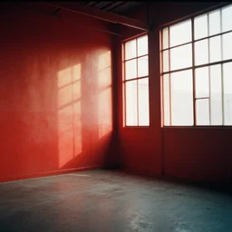 film photography of industrial red room interior in golden hour, soft light, no focus