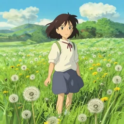 field of dandelions. cgsociety masterpiece, artstation trending, by rossdraws, ghibli, kimi no na wa, greg rutkowski