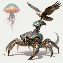monster character design, fantasy. intricate jellyfish crab eagle lizard biomechanical. by rembrandt, illustration, by digital painting, wlop, higly detailed, fractal flame, by konstantin razumov