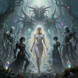 muted vaporwave ombre, sinister lovecraftian neural diaphanous skullpunk spirits warriors, enchanted intergalactic mecha garden, man - machine chimeric beholder polyphemous, power crystals trigger powerful psychotropic frequencies. by artgerm, wlop, james jean, andrei riabovitchev, marc simonetti, yoshitaka amano, artstation, cgsociety
