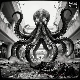 camera footage of a extremely aggressive Giant mutated Octopus with glowing white eyes, Human Features, Teeth, in an abandoned shopping mall, Psychic Mind flayer, Terrifying, Silhouette  :7 , high exposure, dark, monochrome, camera,  grainy, CCTV, security camera footage, timestamp, zoomed in, Feral, fish-eye lens, Fast, Radiation Mutated, Nightmare Fuel, Wolf, Evil, Bite, Motion Blur, horrifying, lunging at camera :4 bloody dead body, blood on floors, windows and walls :5