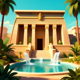 a old big egyptian palace with plants and waterfalls, retrowave art,digital art,trending on art station