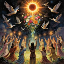 an epic fantastic realism comic book style painting depicting the summoning rituals of glorious birds where the most beautiful flowers launched into space, bouquets, solar eclipse, 8 k, ultra realistic, lens flare, atmosphere, glow, detailed, intricate, 1 0 0 mystical eyes circling the sun, full of colour, cinematic lighting, trending on artstation, 4 k, hyperrealistic, focused, extreme details