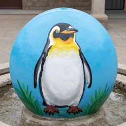 a round penguin fountain painted by adnan etel