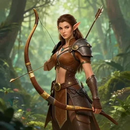Gorgeous Jungle Ranger, brown armor, thick bow, ornamental arrows, high fantasy, elf, brown hair, trending on artstation, artstationHD, artstationHQ, octane, by leng jun, by frank franzzeta