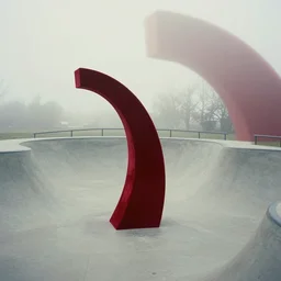 large red velvet sculpture, curved, in the style of anish kapoor, stands in the middle of a curved concrete skate park, on the low fog, film still from the movie directed by denis villeneuve with art direction by zdzisław beksinski, parts by denis villeneuve close up,