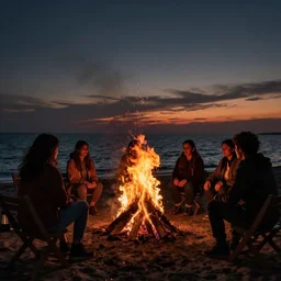 a group of people around a bonfire by the beach when the sun is almost set, nikon, dark, inspirational photography, realistic, 8 k