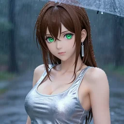 sexy and cute girl with green eyes and brown hair, wearing a low cut tanktop, silver earring, raining, in the style of greg rutkowski, silver and blue colors, anime artstyle, intricate