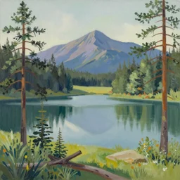 a lake surrounded by pine trees with mountains in the background painted by Bob Ross