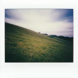 polaroid photo of a empty mowed steep rolling grass hills, dreamy flash photography, strange unnatural lighting, flash photography, uncanny sky, fisheye lens