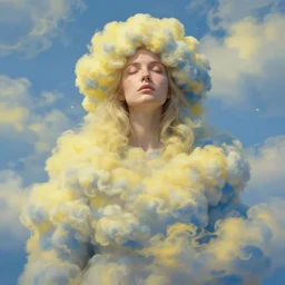 maximalist old ukrainian woman!!!!, fully covered in yellow and blue clouds!!!, disarming, enchanting, fragile, hopeful, cloudcore, portrait, by kim keever
