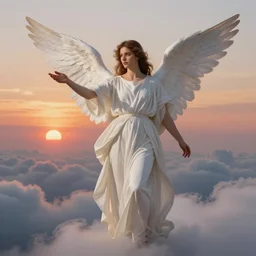 a high quality, highly detailed and coherent painting of a angel wearing white robes presenting itself to you in the clouds during a beautiful sunset