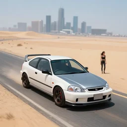 photograph of a cell-shaded Honda EK9 Type-R with a lonely techwear woman , on a desert road with a futuristic city in the horizon, one point perspective, 1-point perspective, tilt shift, sigma 85mm f/1.4, 4k, depth of field, high resolution, 4k, 8k, hd, full color