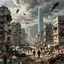 climate change migrant crisis outside fortified city walls, hong kong, dystopia, dead animals falling from the sky, by cedric peyravernay, by kilian eng, high detail, digital painting, industrial art style, death stranding art style, cinematic lighting, artstation, cgsociety, unreal engine 5 render, octane render, 3 5 mm film grain