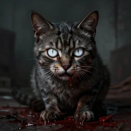 zombie cat. horrifying, eerie, bloody. gloomy lighting. white eyes. matte painting by zdzisław beksinski.