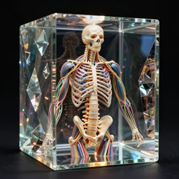 human nervous system with spinal structure surrounded with geometric luminous polished glass cube, carbo, oxyd and glass materials, anatomical sculpture, black background