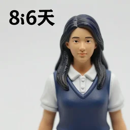 Text on top left corner, 80mm resin detailed miniature of a female, olive skin, school uniform, long black hair, school bag, on textured disc base; Miniature product Photo, 4K, Full body