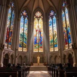 inside a beautiful churchl, huge stained glass windows, - people, wide shot, god rays, serenioty, divinity, digital art, landscape, fantasy art, octane render, ureal engine, high detail, very realistic, by greg rutkowski. by james gurney