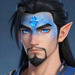 blue forehead crystal, male black haired half elf, black goatee, blue eyes, artstation, style of jesper ejsing, by rhads, makoto shinkai and lois van baarle, ilya kuvshinov, ossdraws