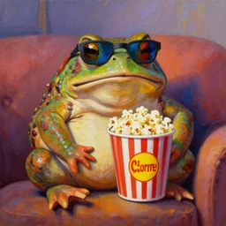 hyper realistic oil painting of chubby toad watching a movie on the couch with a bucket of popcorn, vibrant colors, anaglyph glasses, high contrast, by greg rutkowski, trending on artstation, animal caricaturist