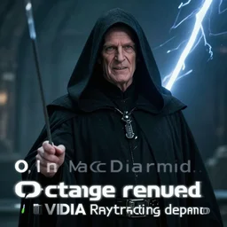 a cinematic still of (Ian McDiarmid!!!) as palpatine, wearing sith hood, Ian McDiarmid, ((((octane render, nvidia raytracing demo)))), ((((lightning)))), (grin), masterpiece