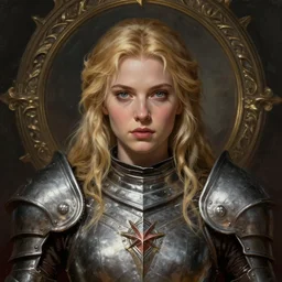 head-on centered symmetrical RPG avatar portrait, Elisha Cuthbert as a holy paladin, blonde hair, ornate steel armour, dramatic lighting, intricate, wild, highly detailed, digital painting, smooth, sharp focus, illustration, dramatic lighting, artstation, in the style of artgerm and greg rutkowski