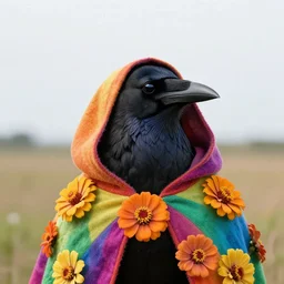 closeup portrait of a raven wearing a hooded cloak made of zinnias and rainbows, in an empty field, by Annie Leibovitz and Steve McCurry, natural light, detailed face, CANON Eos C300, ƒ1.8, 35mm, 8K, medium-format print