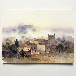 small centered on watercolor paper, paint brush strokes, abstract watercolor painting of foggy dawn, arabian rural village, cinematic light, national romanticism by hans dahl, by jesper ejsing, by anders zorn, by greg rutkowski, by greg manchess, by tyler edlin