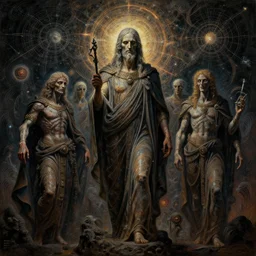 future disciples of undead Pythagoras, cosmic cataclysm, dynamic lighting, deus ex machina, primeval duality, cinematic, establishing shot, extremely high detail, photo realistic, cinematic lighting, oil painting, intricate line drawings