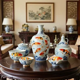 several koi pottery, on table in elaborate livong room, in style of tom cross