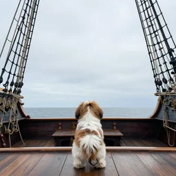 a shih tzu on a pirate ship look at the horizon, wide - angle, canon eos r 3, f / 1. 4, iso 2 0 0, 1 / 1 6 0 s, 8 k, raw, unedited, symmetrical balance, in - frame