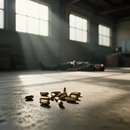 Inside of a warehouse with sunrays shining through the windows with bullet shells laying on the floor and a body laying in the background against a wall, tarantino style, photorealistic, 4k,