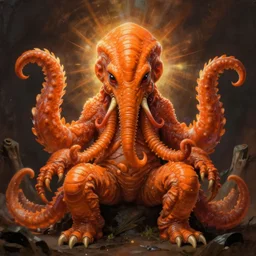 centered zoological portrait of orange cthulhu by gregory manchess