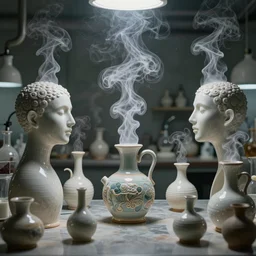 an alchemical laboratory of vapour voices made from ceramic vessels, no humans, 8 k, unreal, high resolution