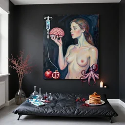 apartment with black walls and a futon, ikebana, a sensual portrait of a female pathologist holding a brain, intravenous drip, pomegranate, candles, octopus, organic, sensual, pancakes, berries, surgical supplies, scientific glassware, candles, berry juice drips, neo - expressionism, surrealism, acrylic and spray paint and oilstick on canvas