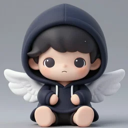 cute fumo plush of an angel girl shrouded in a dark hoodie