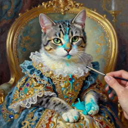 tabby cat dipped in cyan paint by greg hildebrant lisa frank fancy rococo baroque regal oil painting high quality award winning clothed in fancy garb