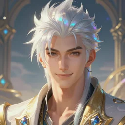 portrait of a man with futuristic haircut, soft smile, final fantasy, league of legends champion, strong iridescent light, by chengwei pan and sakimichan and greg rutkowski and alphonse mucha, gradient white to gold, in front of a magical building background, highly detailed portrait, digital painting, smooth, focus illustration