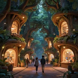 two people walk down crowded street between futuristic organic giant wooden tree shopfronts, solarpunk, night, organic bioluminescent street lights, forest canopy understory, cinematic lighting, octane render, 3 d pixar disney digital cgi rtx hdr painting, highly detailed, artstation cgsociety masterpiece, by studio ghibli and greg rutkowski