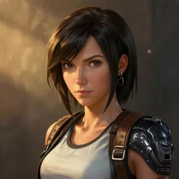 Tifa Lockhart portrait, atmospheric lighting, painted, golden ratio, morning light, intricate, highly detailed by Rembrandt