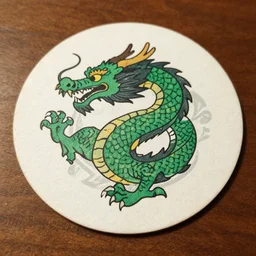 a beer coaster with a printed green dragon