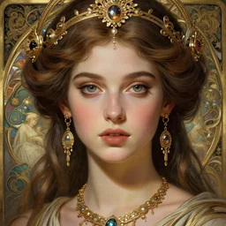 Katie Mcgrath as a Greek Goddess, beautiful detailed eyes, cute, fantasy, intricate, elegant, highly detailed, digital painting, 4k, HDR, concept art, detailed jewelry, smooth, sharp focus, illustration, art by Artgerm, H R Giger and Alphonse Mucha