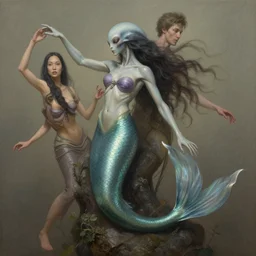 harmony of dynamic pose, alien mermaid full body portrait by wlop, james jean, victo ngai, muted colors, highly detailed, fantasy art by craig mullins, thomas kinkade,