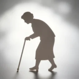 back lit paper cut shape shadows on white screen of an old woman walking bent over with a cane, backlit, shadows, soft shadows, - w 7 6 8