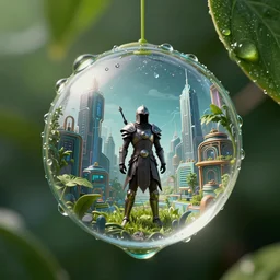 nature in drops of dew, within every dewdrop a world of struggle, fantasy intricate elegant under graphic cyberpunk buildings a gladiator stands lush volumetric lighting 3 d modelling