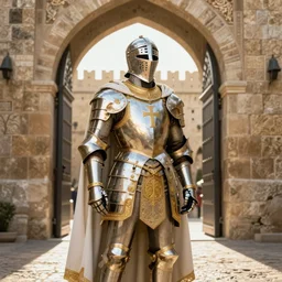 man in decorated with gold in baroque style crusader armor, helmet and white cape with cross on it standing at the gates of jerusalem drawn by greg rutkowski realistic high detail